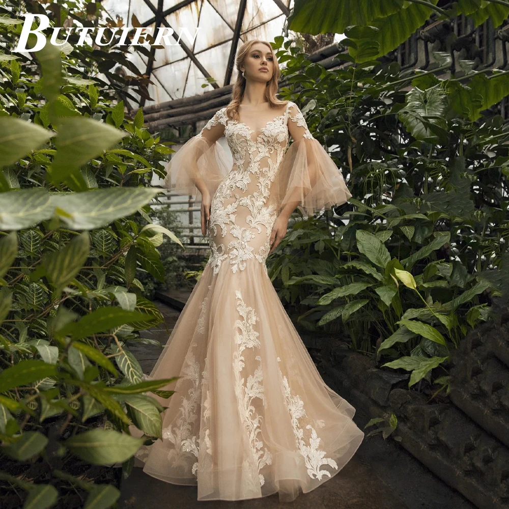 Exquisite BUTUIERN Sexy Appliques Wedding Dress V-neck Lace Mermaid Flare Sleeves Floral Bridal Gown With Court Train Customised
Exquisite BUTUIERN Sexy Appliques Wedding Dress V-neck Lace Mermaid Flare Sleeves Floral Bridal Gown With Court Train Customised