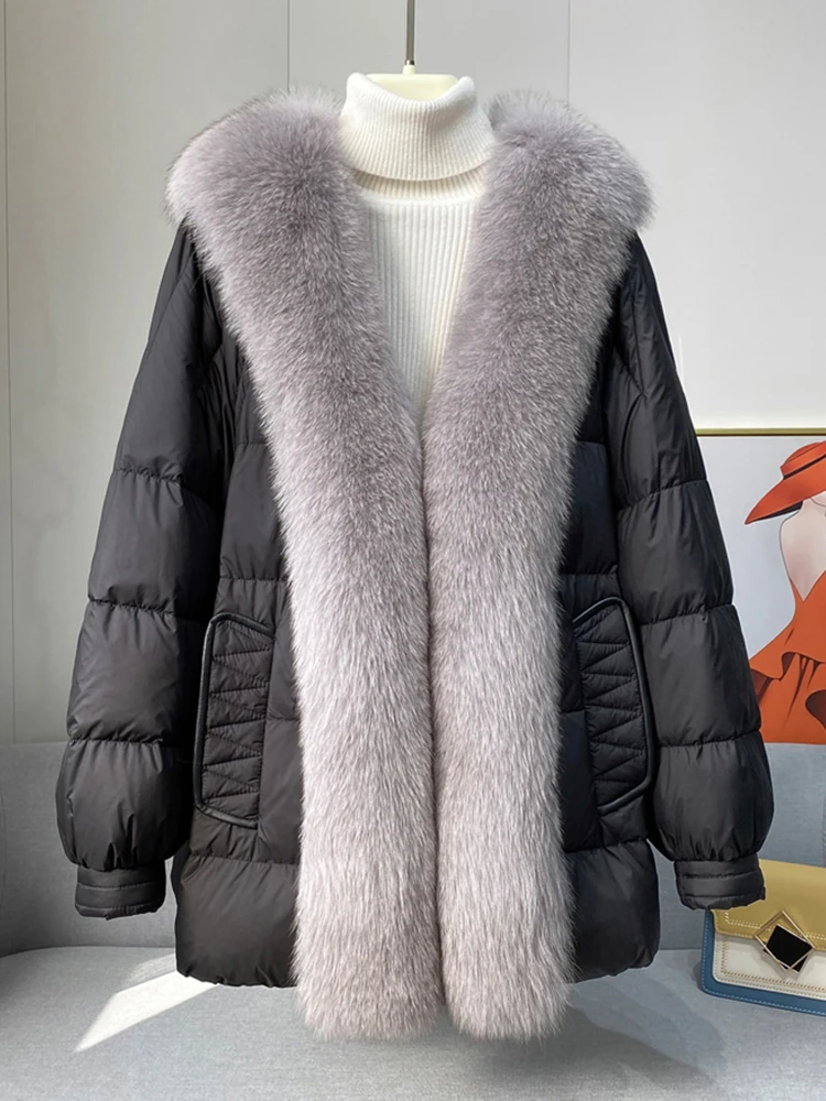 

2023 New Winter Luxury Fur Parka Women Natural Real Fox Fur Collar 90% White Goose Down Jacket Thick Warm Loose Coat