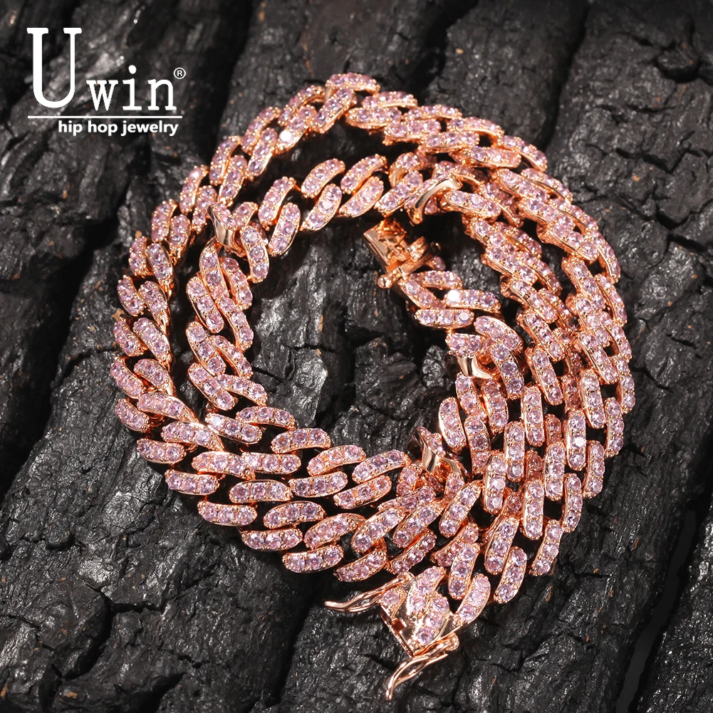 

Uwin 9mm Cuban Chain Choker Women Necklace White &Pink CZ Iced Out Rose Gold Color Metal Men HipHop Jewelry For Gift