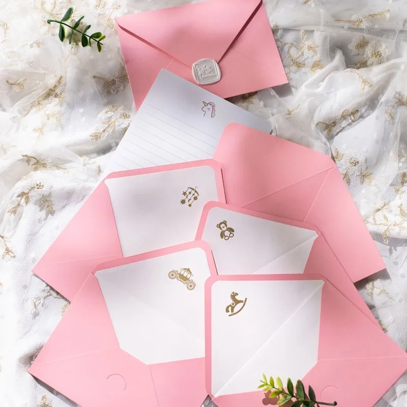 

5 PCS Gold Seal Pink Envelope With Lining To Send Girlfriend Romantic Aesthetic Literary Small Fresh Retro Envelope JFXF312