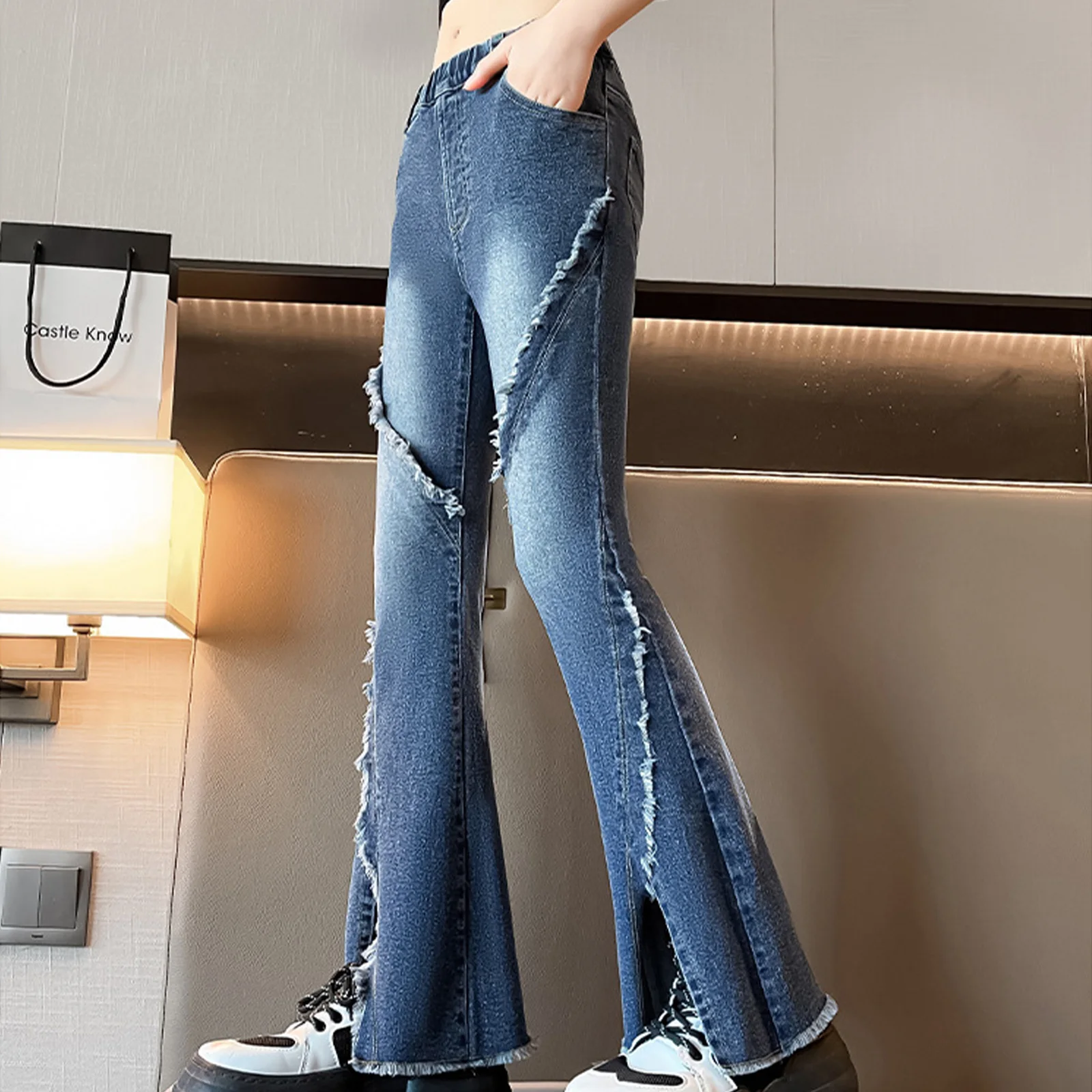 

Kids Girls Fashion Slit Flared Jeans Casual Daily Wear Patchwork Raw Hem Elastic Waistband Bell-Bottom Denim Trousers Vacation