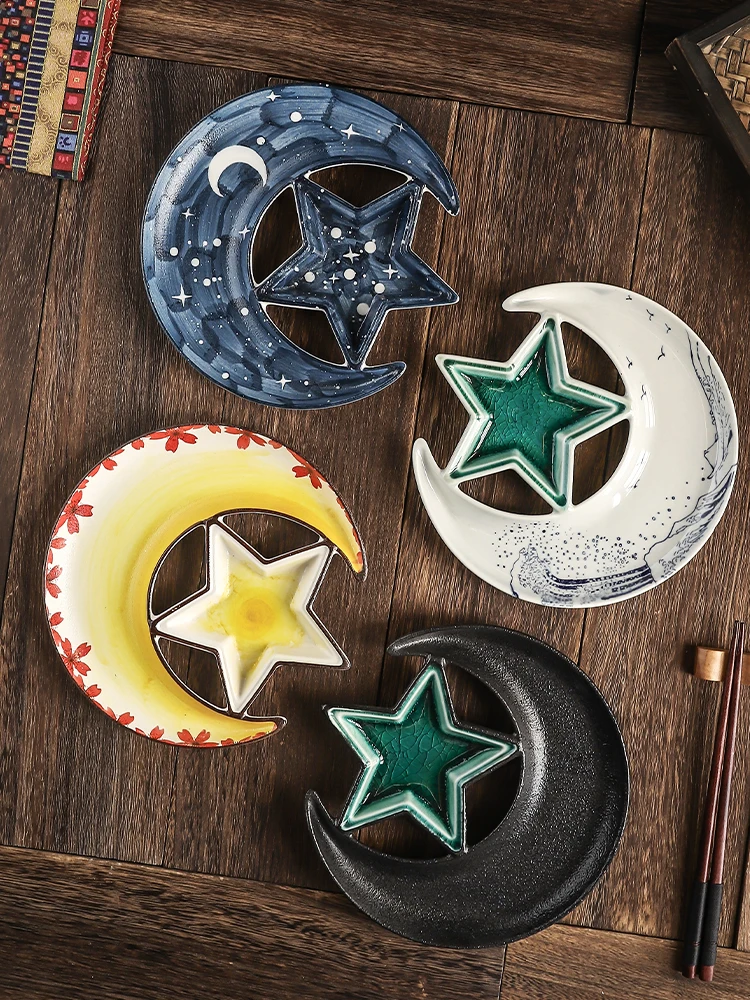 Japanese-style ceramic tableware, stars and moon plate, dessert plate, small dish, creative cold dish dessert plate dinner plate
Japanese-style ceramic tableware, stars and moon plate, dessert plate, small dish, creative cold dish dessert plate dinner plate