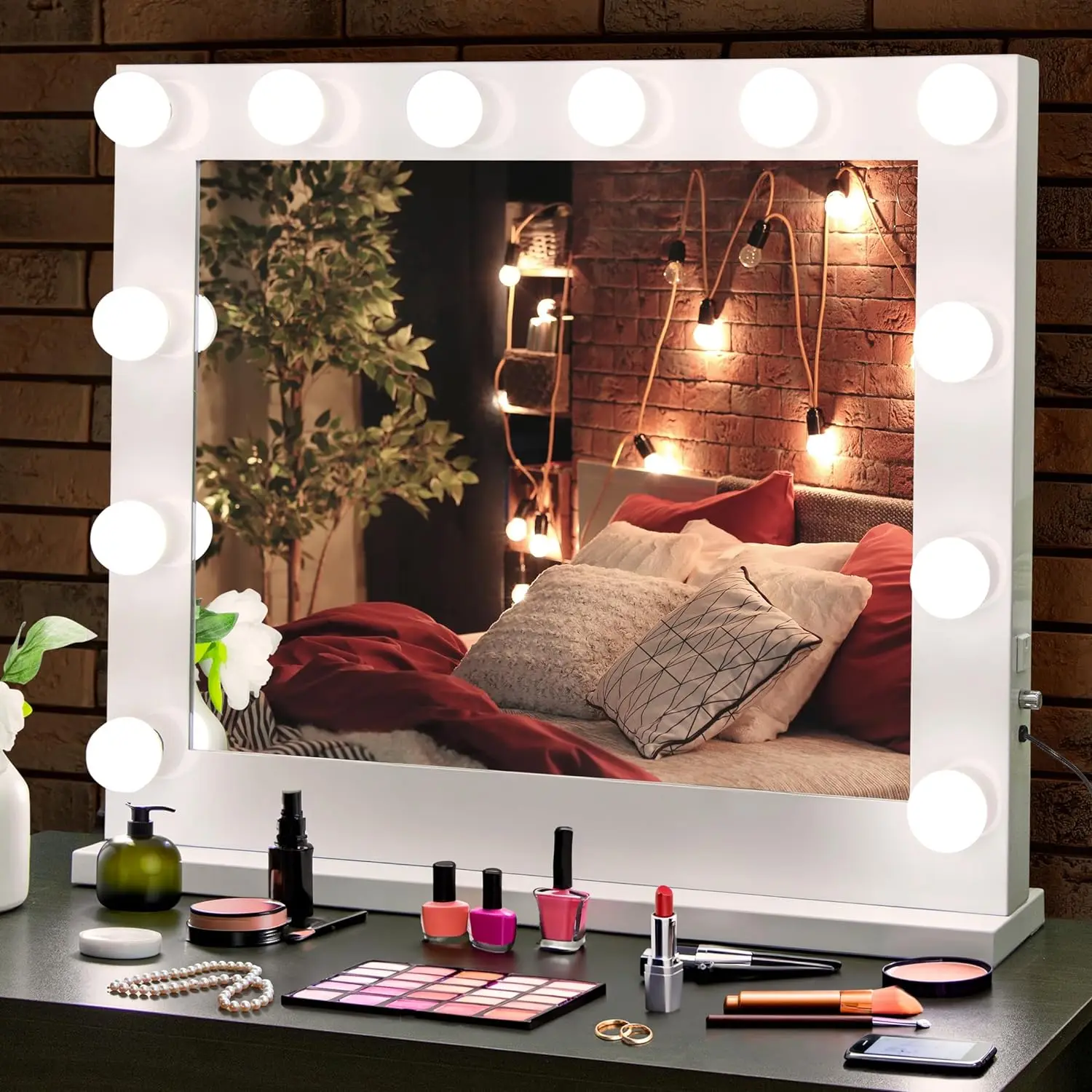 

Mirror with Lights, 31.6" x 26.5" Metal Frame Dressing Table Vanity Set Mirrors with Dimmer and Socket LED Lighted Makeu