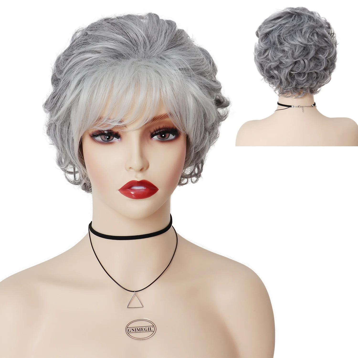 

GNIMEGIL Synthetic Short Curly Hair Grey Mommy Wig with Bangs for White Women Ombre Gray Wig Old Lady Costume Grandma Wig Ladies