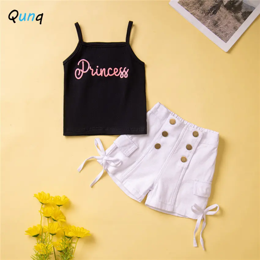 

Qunq 2023 Summer New Girls Fashion Print Suspender Pullover Vest Top + Shorts 2 Pieces Set Sporty Casual Kids Clothes Age 3T-8T