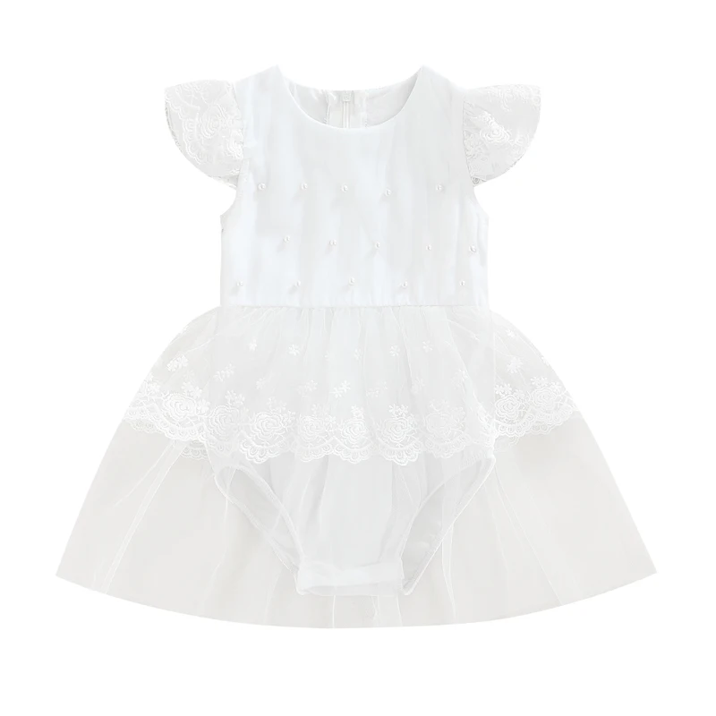 

Cute Kid Girls Jumpsuit Ruffled Fly Sleeve Design Mesh Hem Pearl Embellished White Romper Dresses Clothing