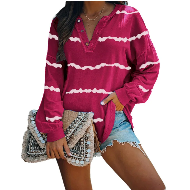 Red Stripe Print V-neck T Shirts with Button Women Mid Length Long Sleeve Loose Tops Spring Autumn New Vintage Tees Oversized
Red Stripe Print V-neck T Shirts with Button Women Mid Length Long Sleeve Loose Tops Spring Autumn New Vintage Tees Oversized