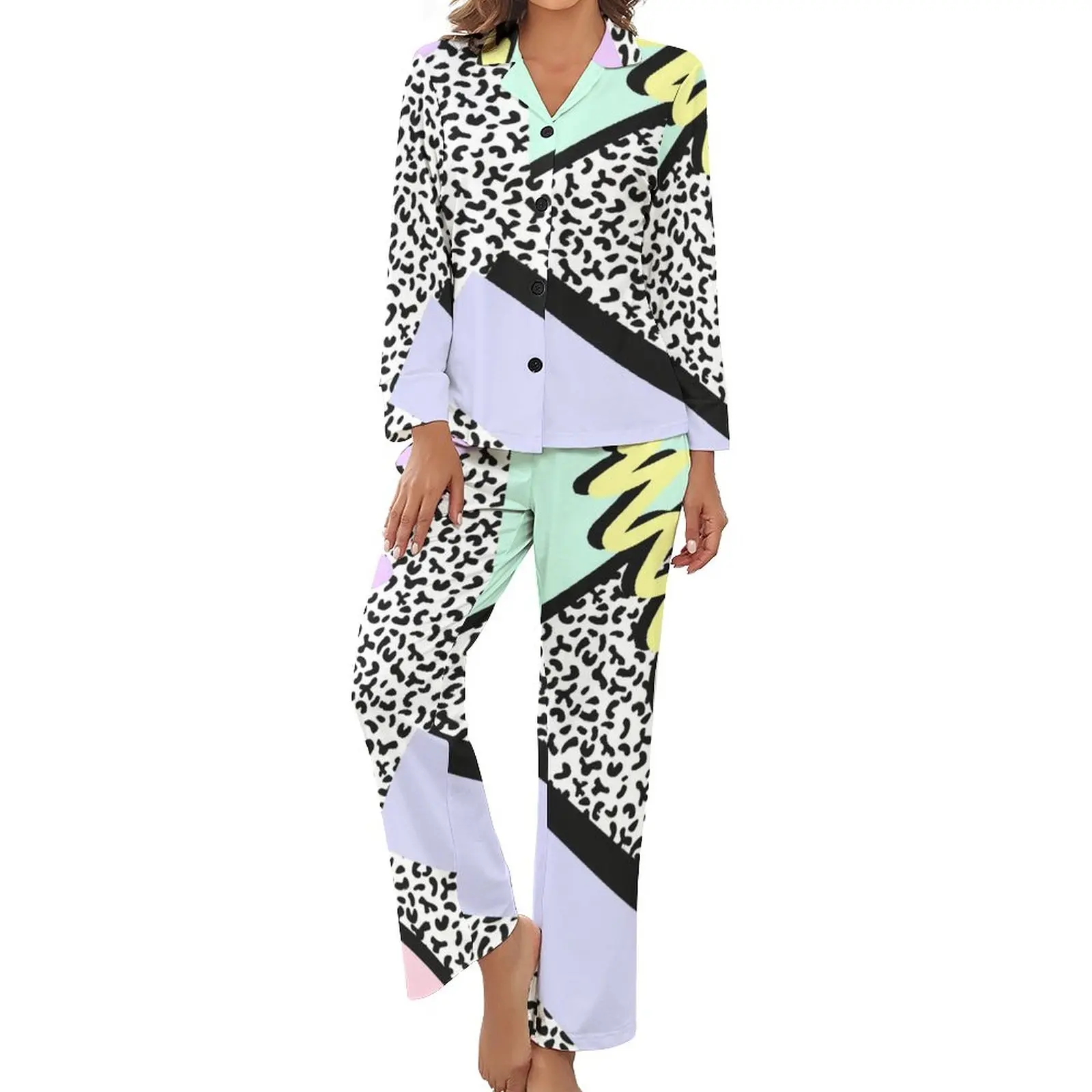 Eighties Memphis Pattern Pajamas Long Sleeve 80s Retro Designs 2 Pieces Leisure Pajama Set Woman V Neck Retro Home Suit
Eighties Memphis Pattern Pajamas Long Sleeve 80s Retro Designs 2 Pieces Leisure Pajama Set Woman V Neck Retro Home Suit
