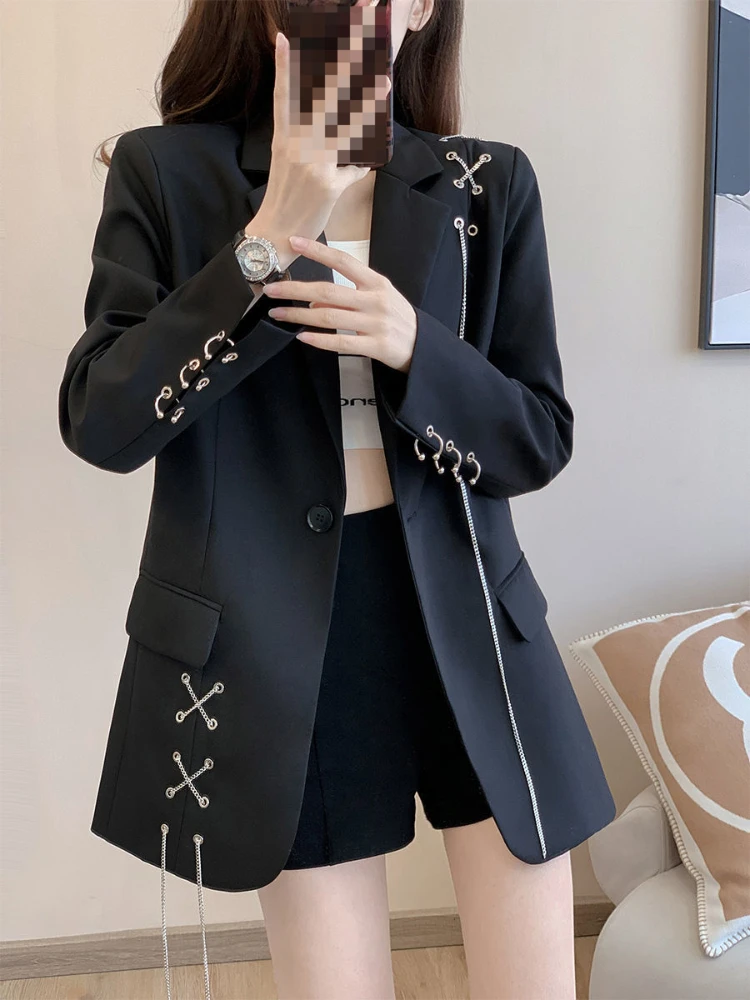 2022 French Vintage Blazers Spring Autumn Female Slim Chain Long Sleeve Coat Femme All Match Pockets Single Breasted Women Tops
2022 French Vintage Blazers Spring Autumn Female Slim Chain Long Sleeve Coat Femme All Match Pockets Single Breasted Women Tops