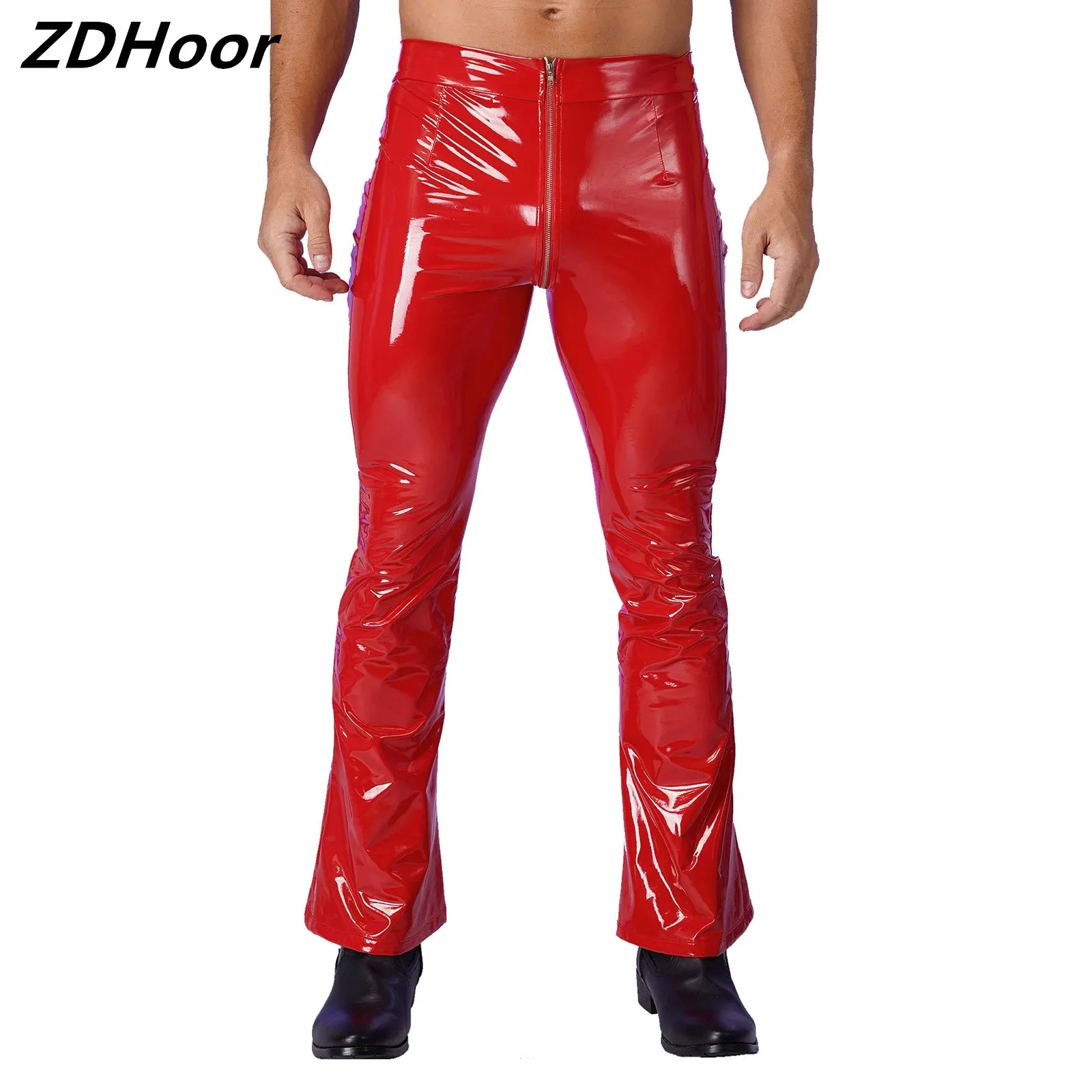 

Mens Glossy Patent Leather Flare Pants Zipper Crotch Bell Bottom Pants Wet Look Costumes for Nightclub Halloween Naughty Cosplay