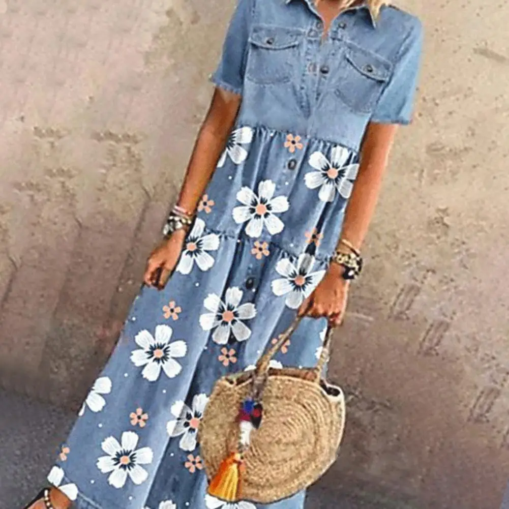 Denim Dress Retro Women Buttons Pockets Buttons Floral Print Denim Dress for Party Maxi Dress Women Dress
Denim Dress Retro Women Buttons Pockets Buttons Floral Print Denim Dress for Party Maxi Dress Women Dress