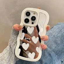 Korean Lovely White Heart Makeup Mirror Case For iPhone 14 15 Pro Max 13 11 12 14 Plus XS X XR Shockproof Soft Cover