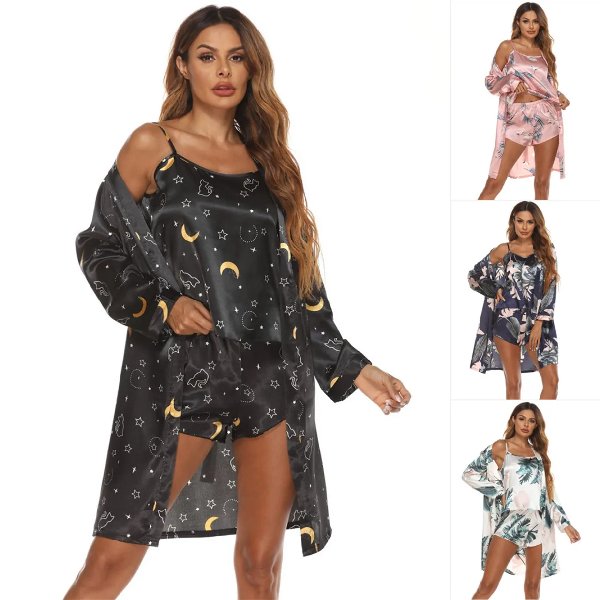 

New Pyjamas For Women's Spring Summer Home Clothes Pajama Shorts Women Sexy Satin Bathrobe Wear Nightwear Female Set Woman 3 PCS