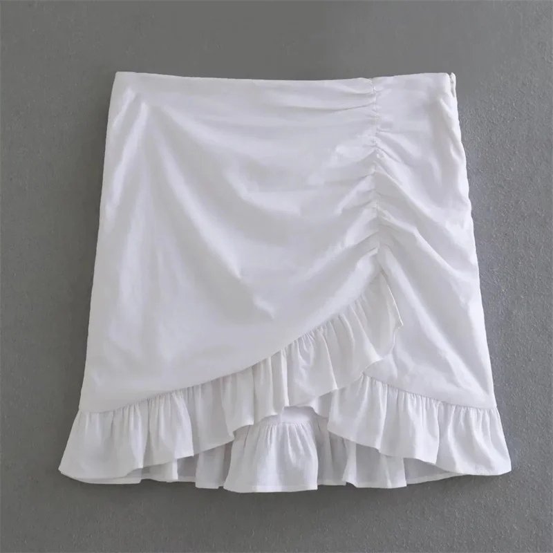 

TRAF High-waist Draped Mini Skirt Summer Fashion Asymmetric Ruffled Hem Skirt Comfortable Invisible Side Zip Fastening Skirt