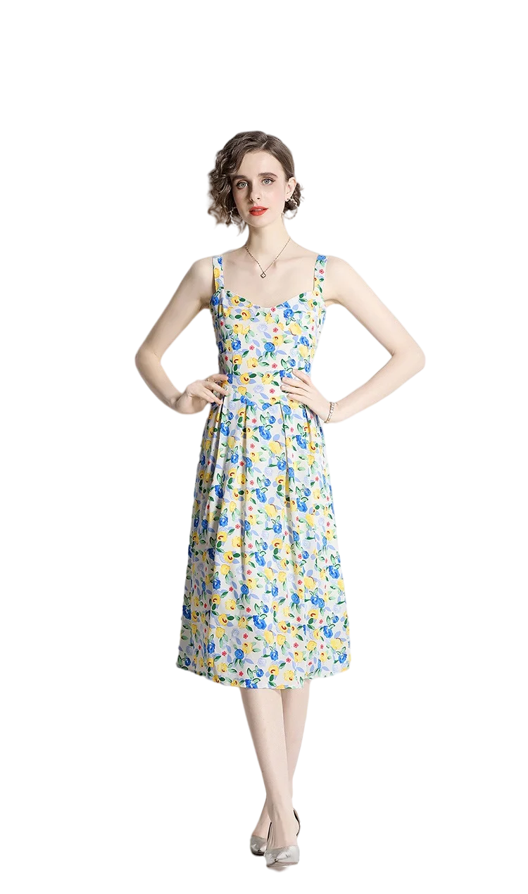 Женское платье с цветочным принтом, синее платье с лямками на плечах для отдыха на море, Новинка лета 2022 
Женское платье с цветочным принтом, синее платье с лямками на плечах для отдыха на море, Новинка лета 2022