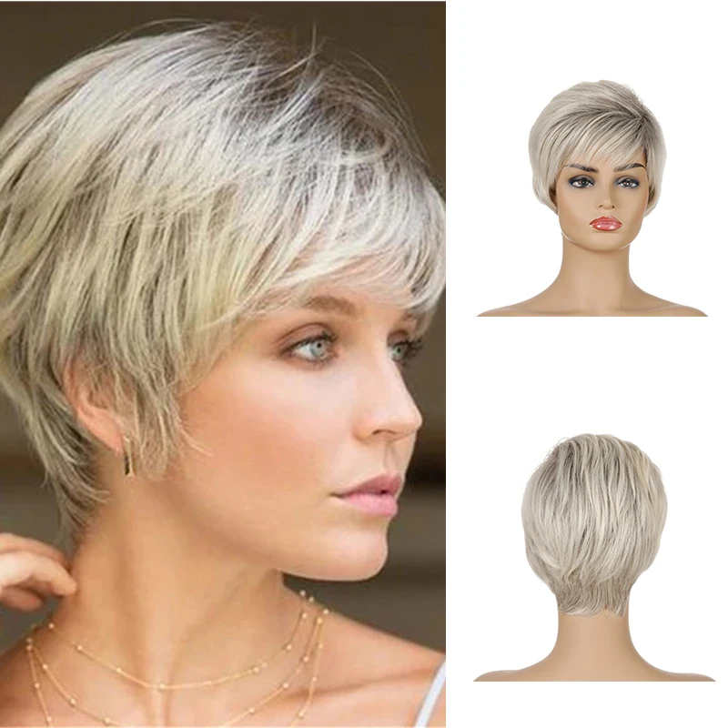

Ladies Short Nature Blonde Synthetic Wig Pixie Cut Wig With Bang For Women Daily Party Use Heat Resistant Fiber
