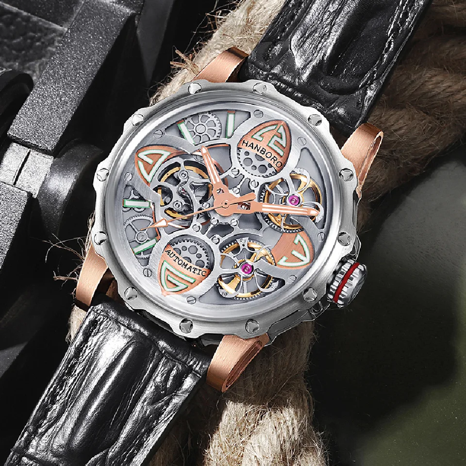 Hanboro men watches double Flywheel Hollow skeleton Automatic MAN WATCH Mechanical fashion Reloj Hombre Leather strap Wristwatch
Hanboro men watches double Flywheel Hollow skeleton Automatic MAN WATCH Mechanical fashion Reloj Hombre Leather strap Wristwatch