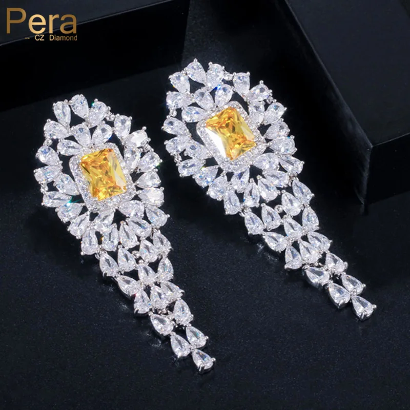 

Pera Gorgeous Silver Color Tassel Water Drop CZ Crystal Women Party Jewelry Long Dangle Earrings with Yellow Square Stone E130