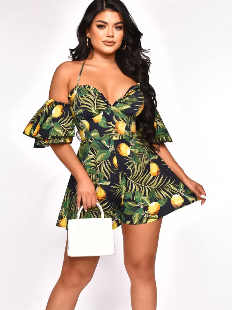 Комбинезон WUHE женский с V-образным вырезом, пикантный ромпер с принтом в богемном стиле, лямкой на шее, с открытыми плечами, с длинным рукавом и оборками, Клубная одежда для отдыха