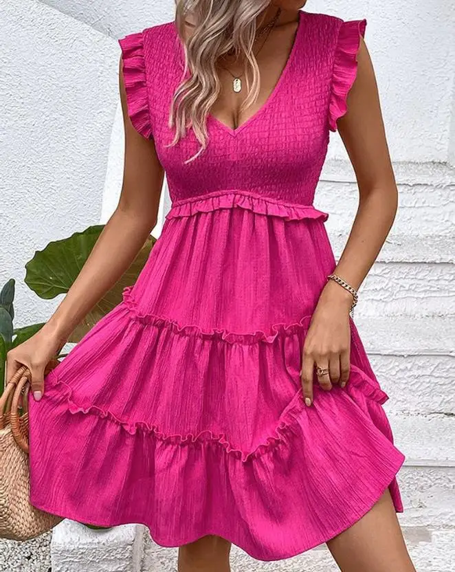 

2023 Summer New arrival Women's Sleeveless Dress Shirred Frill Design Hem Smock Fashion Casual Sexy V-Neck Dress Seaside Play