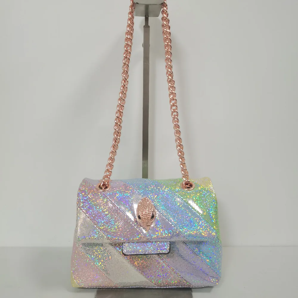 

New Shiny Rainbow Splicing Handbag Rose Gold Metallic Eagle Icon Logo On Front Flap Colorful Metallic Jointing Cross Body Bag