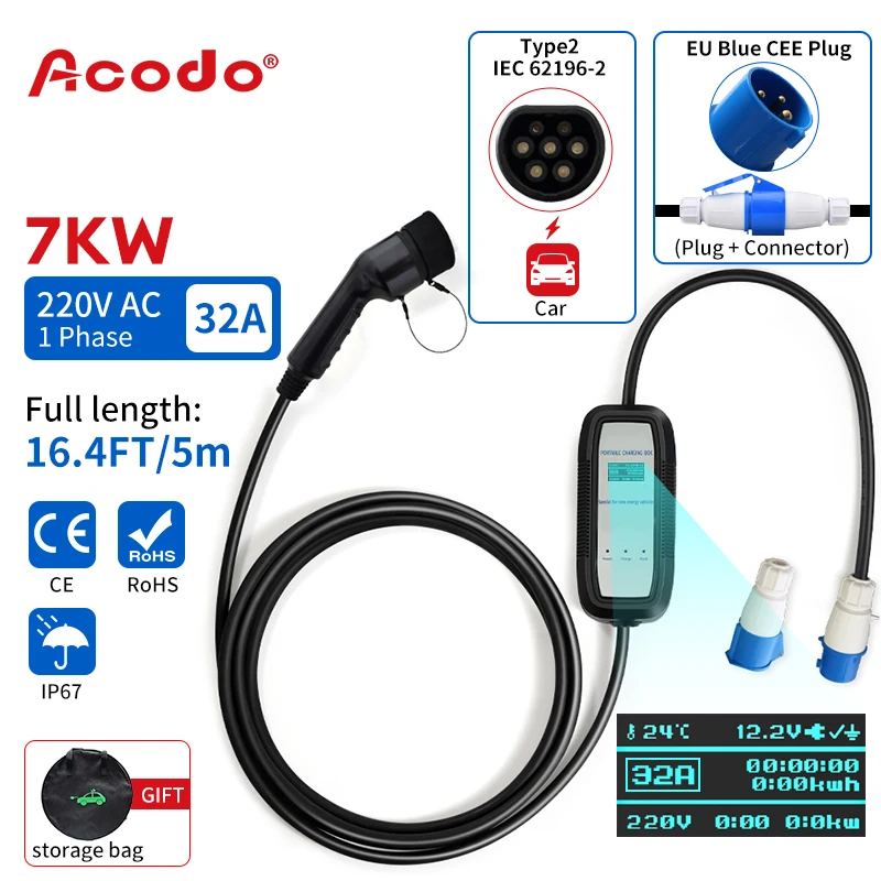 Portable EV Charger Type1 To Type 2 7KW Cable Wallbox J1772 With Schuko Plug Fast Charging Car Charger 5M Cable For Electric Car
Portable EV Charger Type1 To Type 2 7KW Cable Wallbox J1772 With Schuko Plug Fast Charging Car Charger 5M Cable For Electric Car