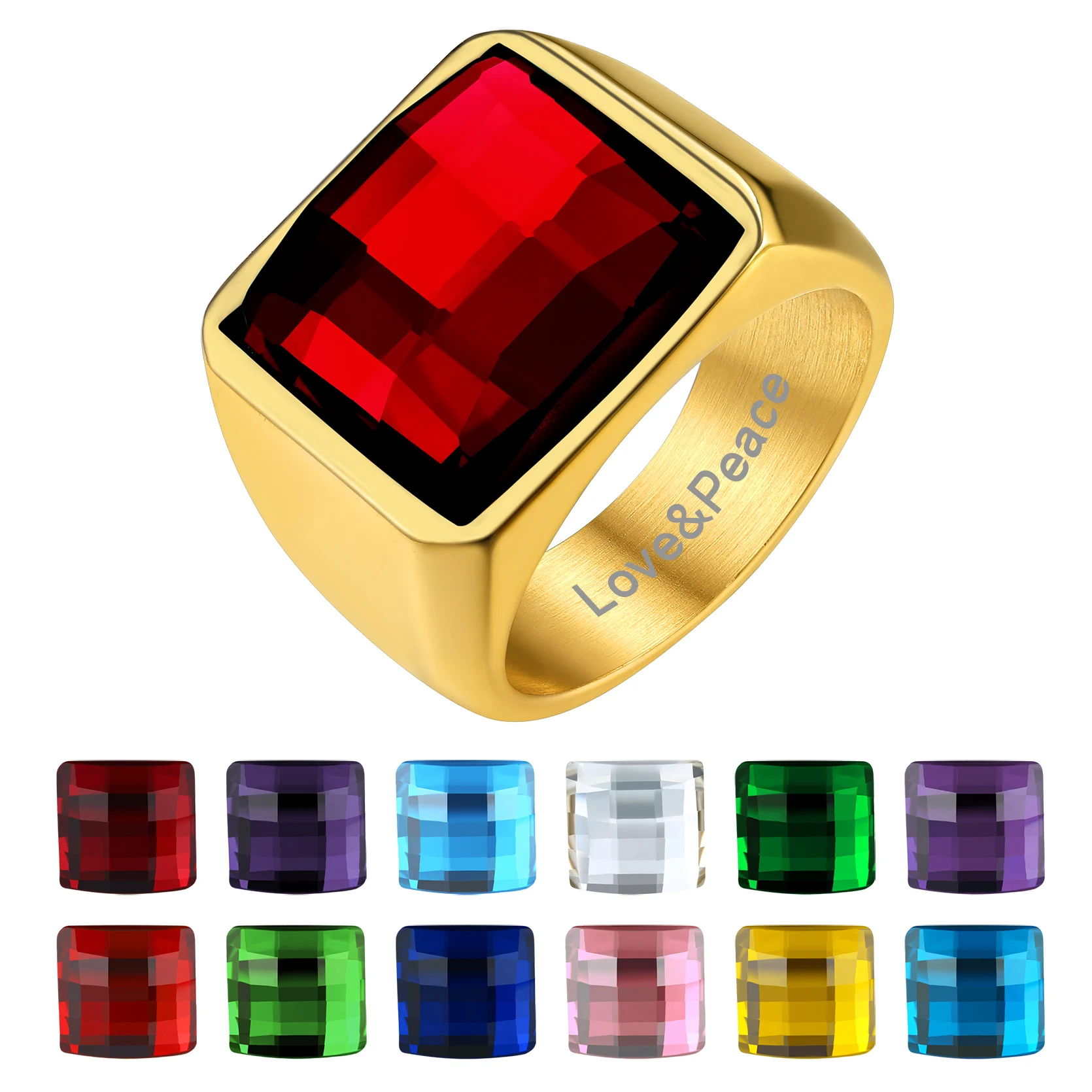 

Goldchic Custom 12 Month Birthstone Rings for Men Stainless Steel 18K Gold Plated Square Agate Signet Ring Father's Day Gift