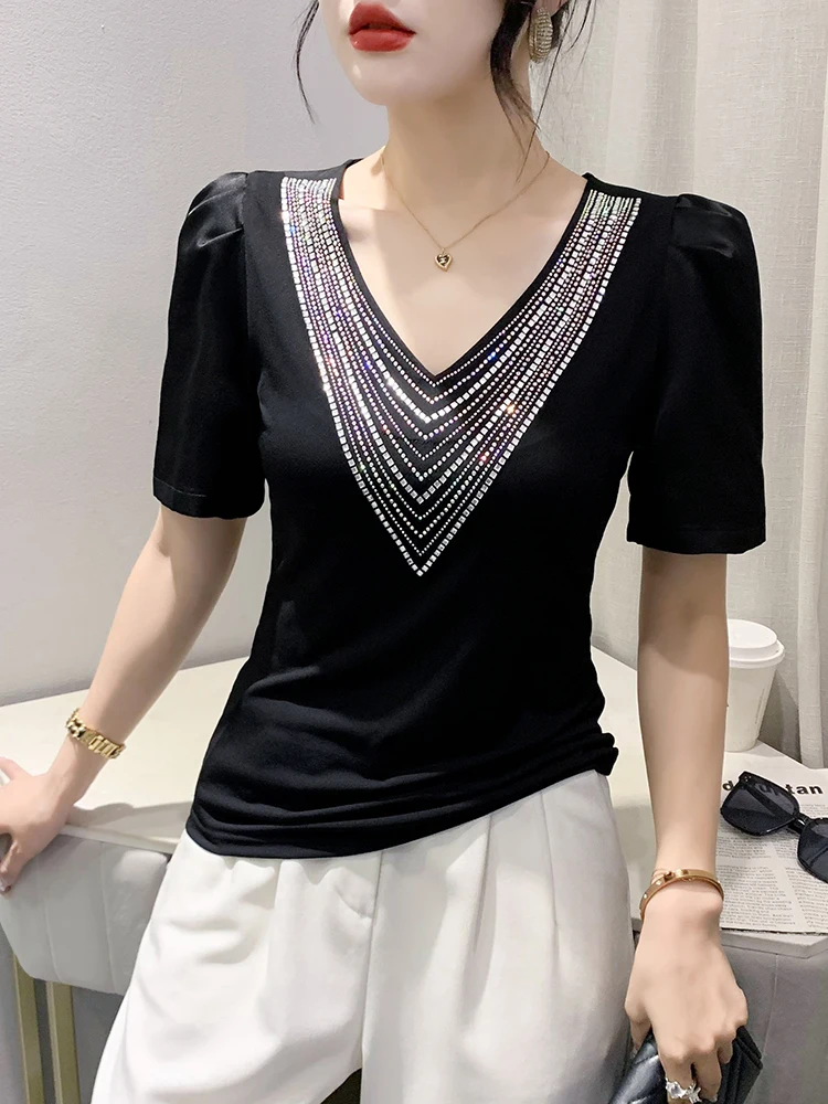Summer Fashion TShirts Girl Diamonds V Neck Short Puff Sleeve Black White Tee T-Shirt Women's Elegant Bling Tops
Summer Fashion TShirts Girl Diamonds V Neck Short Puff Sleeve Black White Tee T-Shirt Women's Elegant Bling Tops