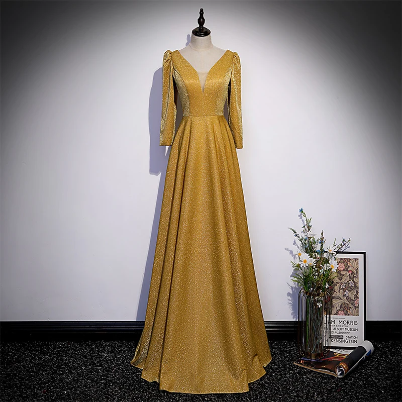 

Evening Dress Golden Bling Jersey Deep V-neck Full Sleeves Lace up A-line Floor Length Simple Plus size Party Dresses Lady B2381