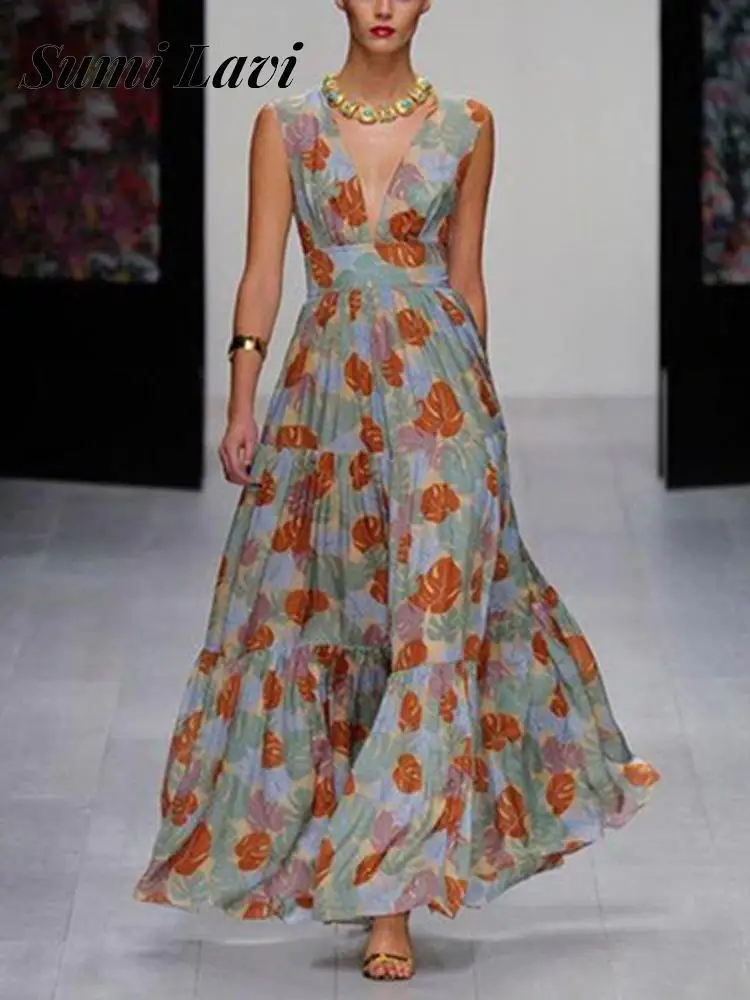 Summer Deep V Floral Printed Long Dress Vintage Elegant Sleeveless Sundress Female Sexy pleated Show Catwalk Maxi Party Dresses 
Summer Deep V Floral Printed Long Dress Vintage Elegant Sleeveless Sundress Female Sexy pleated Show Catwalk Maxi Party Dresses