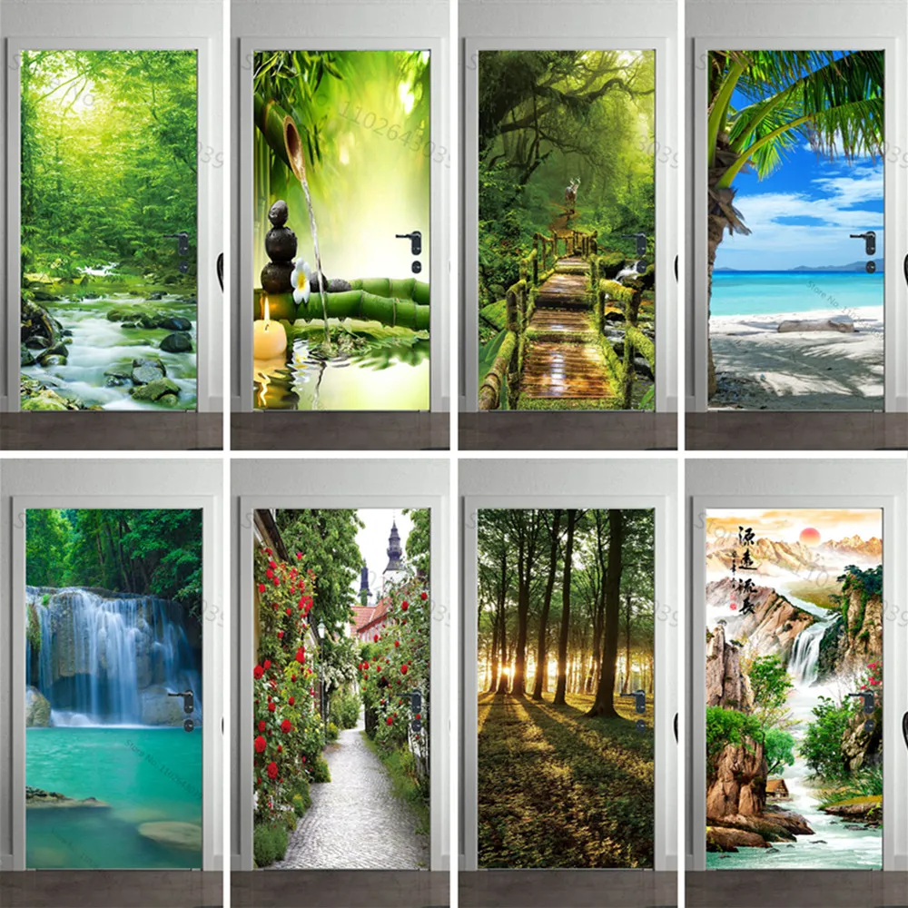 

3D Green Tree Bamboo Candle Door Stickers Bedroom Bathroom Jungle Coconut Palm Bridge Door Wallpaper Decorative Modern Design