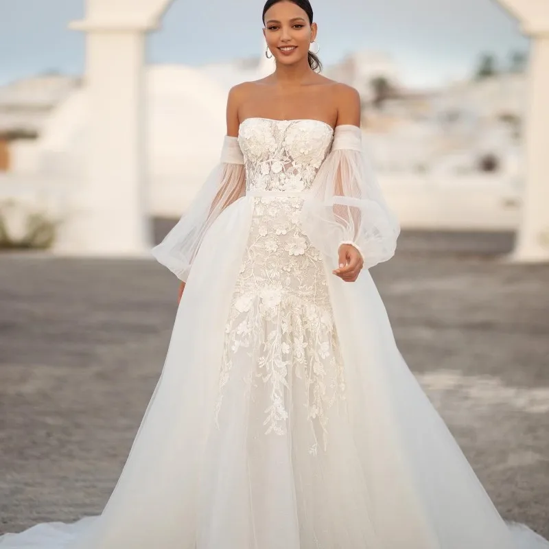 Beige Mermaid Long sleeved Tulle Wedding Dresses 2023 Sexy Strapless Lace Appliques Bride Dress Sweep Train Vestido De Novie
Beige Mermaid Long sleeved Tulle Wedding Dresses 2023 Sexy Strapless Lace Appliques Bride Dress Sweep Train Vestido De Novie