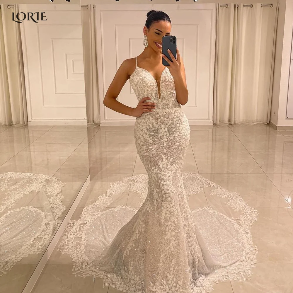 

LORIE Elegant Glitter Lace Low-Cut Mermaid Wedding Bride Dresses Spaghetti Straps Bodycon V-Neck Bridal Gowns vestidos de novia