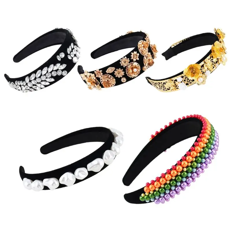 

Female Ethnic Style Hair Bundle Women Hair Band Wide-brimmed Artificial Pearl Headband Headdress for Creative for rhinestone