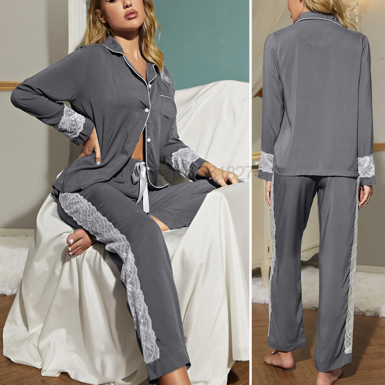 Lace Patchwork Sleepwear Women Viscose Nightgown Soft Comzy Home Clothes Button-down Pajamas Pour Femme Loungewear Nightwear
Lace Patchwork Sleepwear Women Viscose Nightgown Soft Comzy Home Clothes Button-down Pajamas Pour Femme Loungewear Nightwear