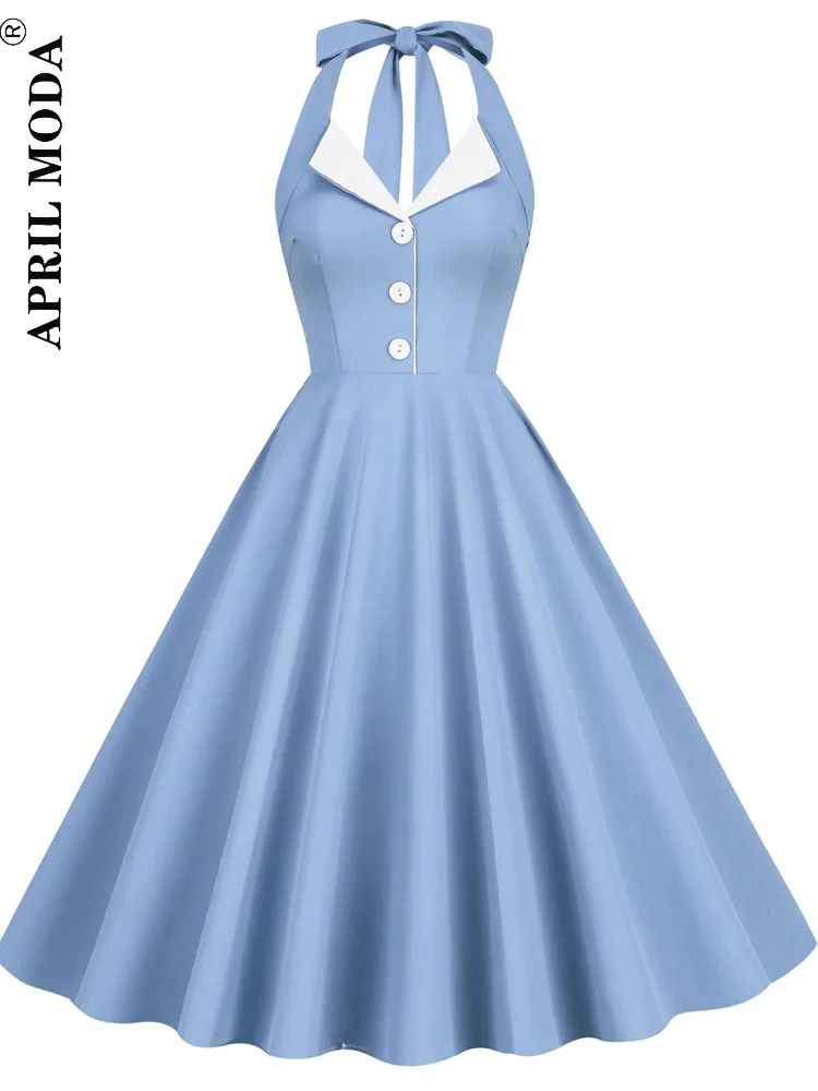 

2023 синее винтажное платье в стиле Хепберн, 50s, 60s, ТРАПЕЦИЕВИДНОЕ ПЛАТЬЕ с открытой спиной и лямкой на шее, женское летнее вечерние в стиле ретро, Vestidos