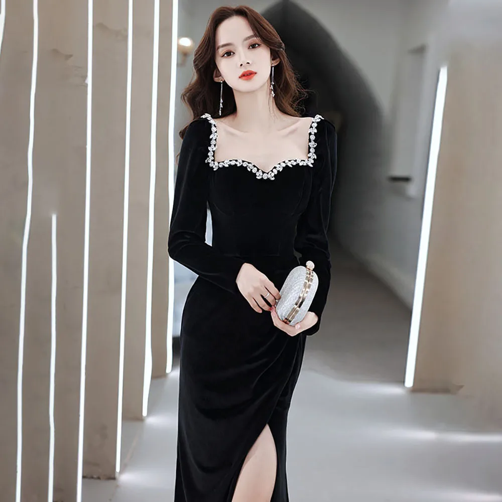 Black Evening Dresses Women Vintage Square Collar Long Sleeve Slit Banquet Dress 2022 New Temperament Slim Velour Prom Gowns
Black Evening Dresses Women Vintage Square Collar Long Sleeve Slit Banquet Dress 2022 New Temperament Slim Velour Prom Gowns
