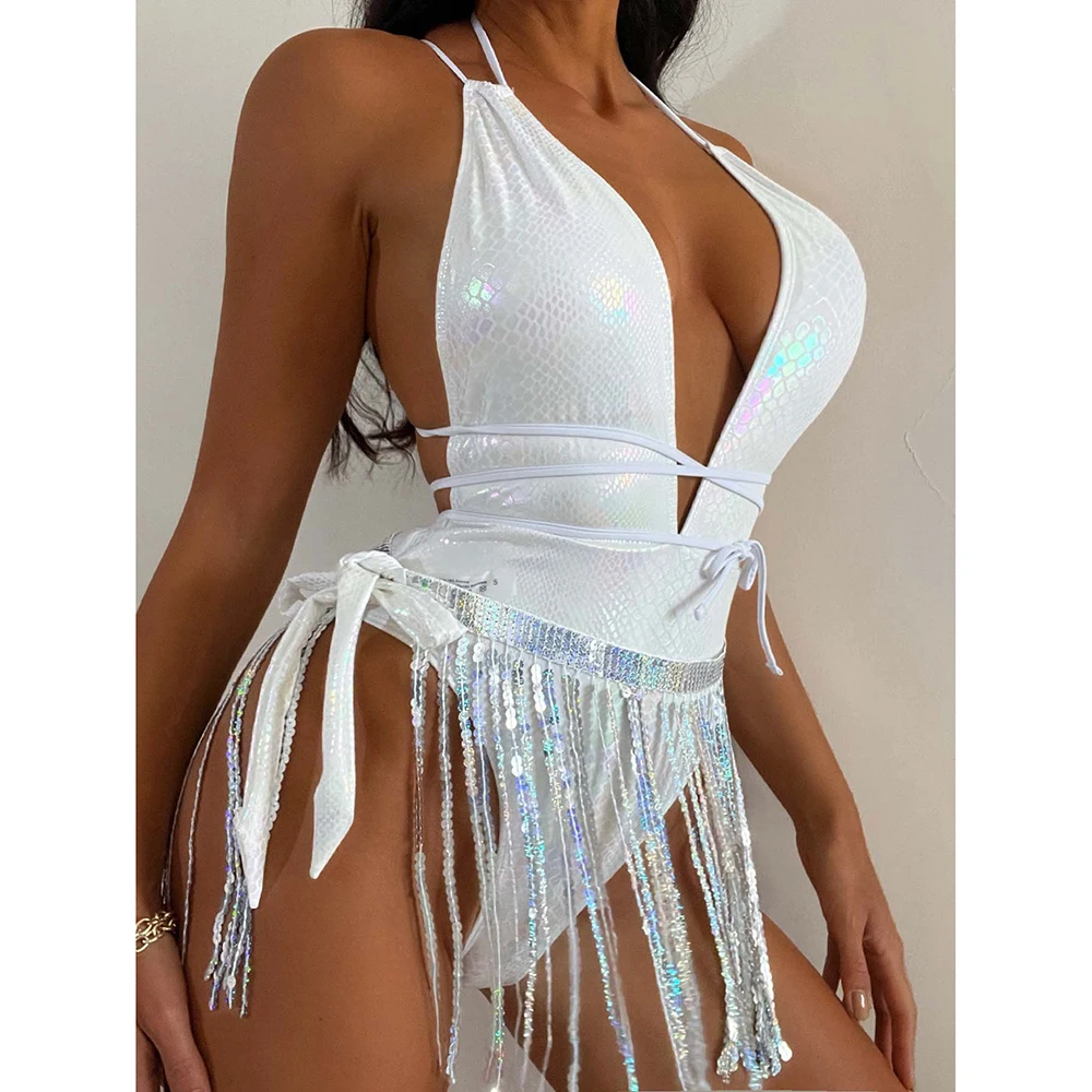 

2023 New White Solid 2 Sets One-Piece Swimsuit Women Sexy Party V-neck Tassels Bodysuits Monokini Beach Bathing Suits Swimwear