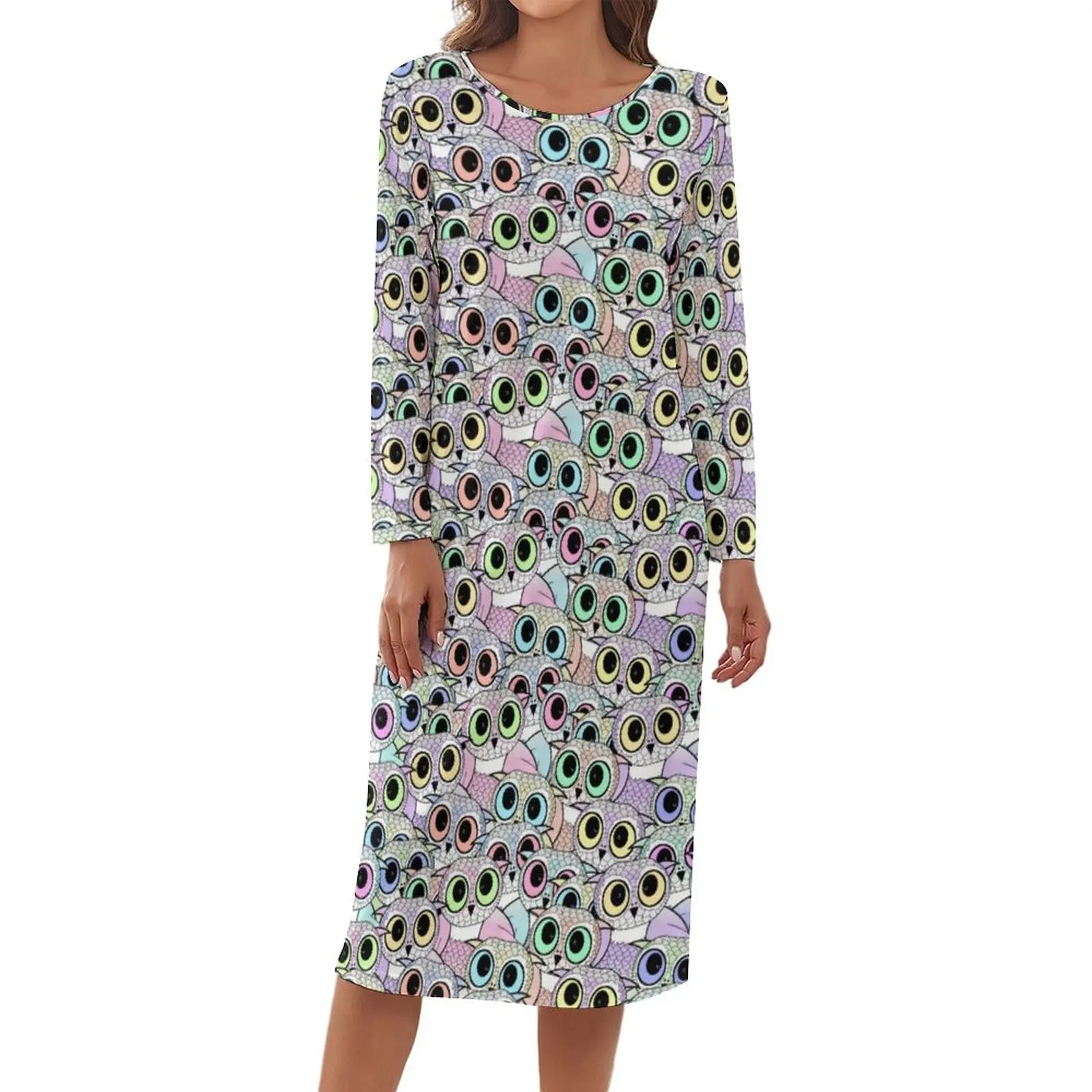 

Peek A Boo Owl Pajamas Long Sleeves Adorable Birds Print Warm Dress Women Casual Sleepwear O Neck Printed Home Suit