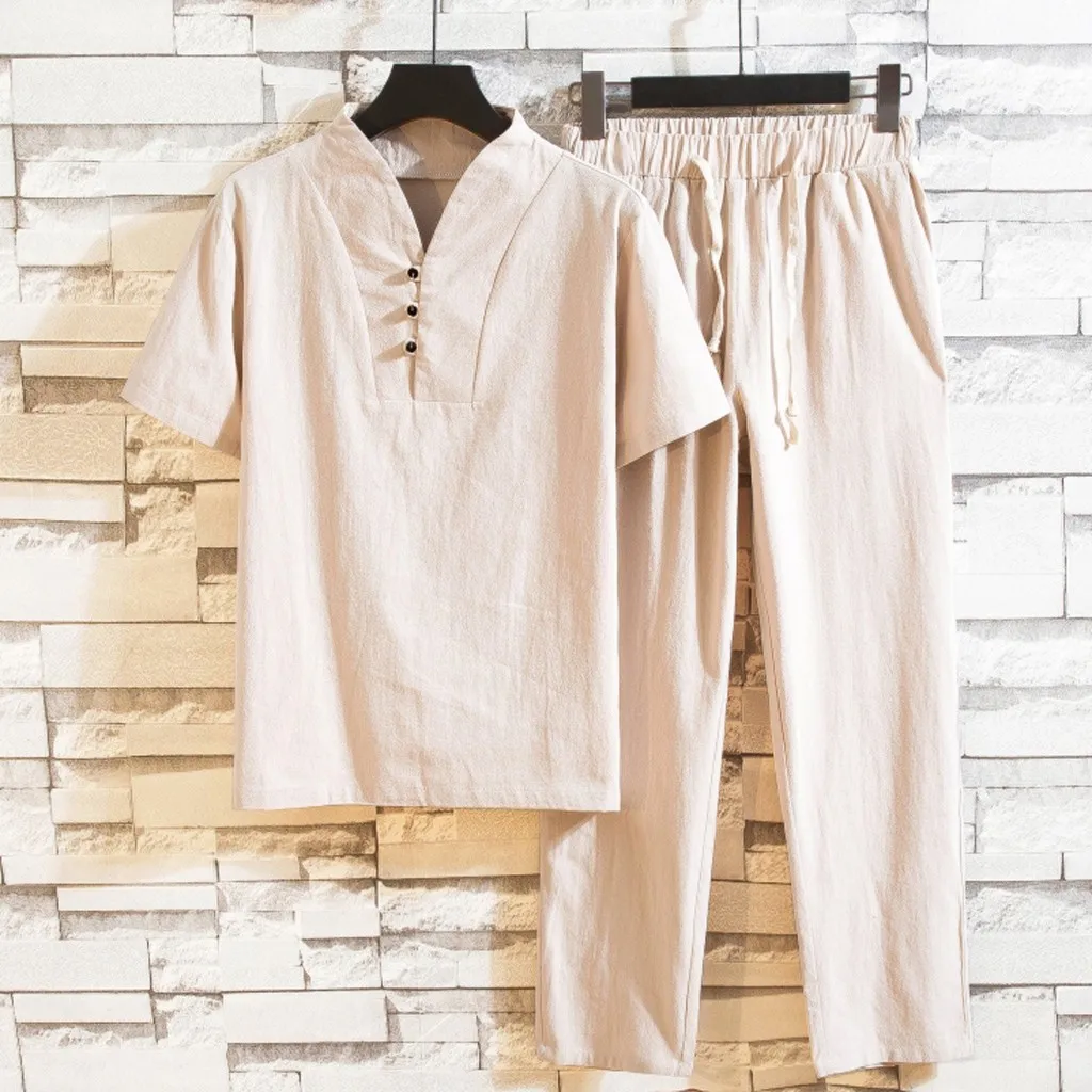 Short Sleeve Baggy Casual Button Top Pants Summer Fashion Men Shirts And Trousers Set Cotton Linen Shirts Streetwear Male Outfit
Short Sleeve Baggy Casual Button Top Pants Summer Fashion Men Shirts And Trousers Set Cotton Linen Shirts Streetwear Male Outfit