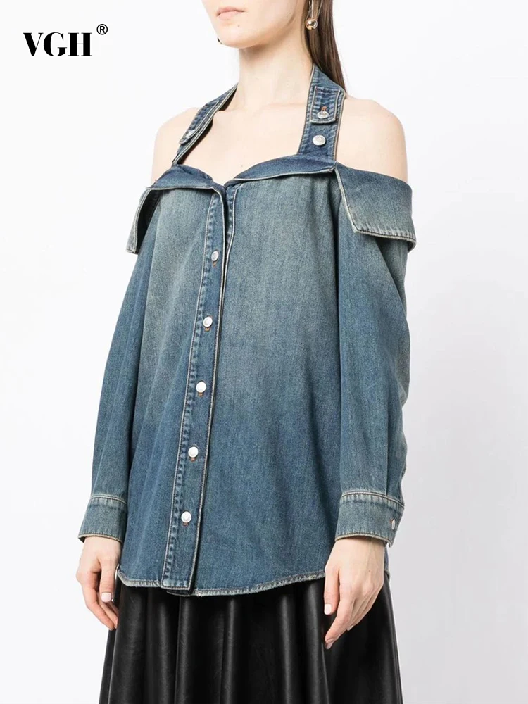 VGH Halter Backless Denim Shirts For Women Square Collar Long Sleeve Off Shoulder Spliced Single Breasted Loose Blouse Female
VGH Halter Backless Denim Shirts For Women Square Collar Long Sleeve Off Shoulder Spliced Single Breasted Loose Blouse Female