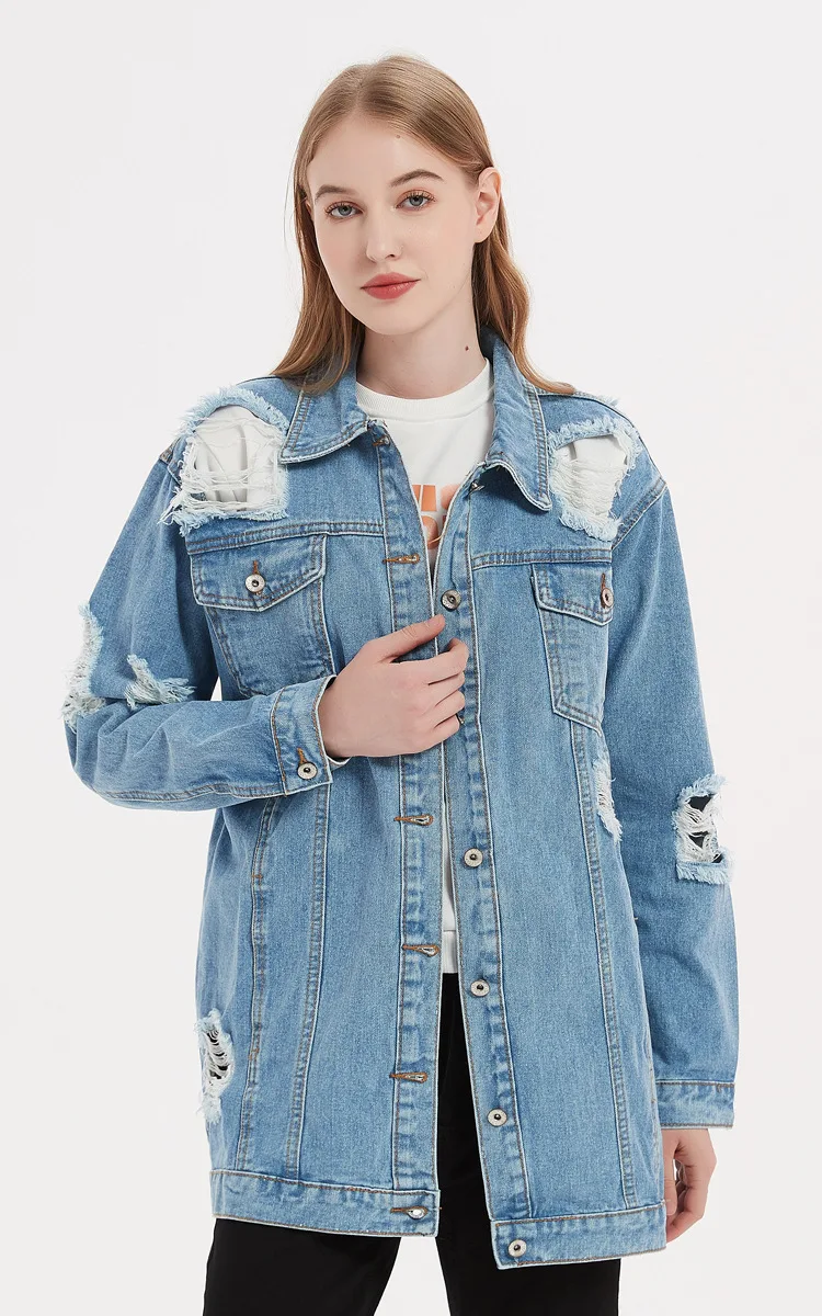 Denim Splicing Jacket Women's Fall New Lapel Long Sleeve Single Breasted Ripped Long Jacket Fashion Casual Streetwear Denim Tops
Denim Splicing Jacket Women's Fall New Lapel Long Sleeve Single Breasted Ripped Long Jacket Fashion Casual Streetwear Denim Tops
