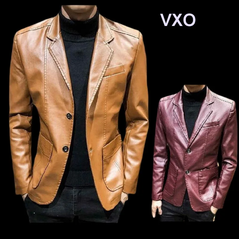 

VXO Leather Blazer Men Solid Color Faux Leather Suit Jacket Long Sleeve Lapel Men's Leather Coats Winter Outwear