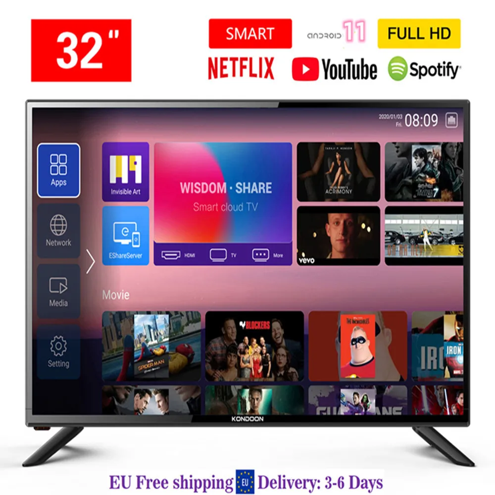 KONDOON 32" Inch Smart TV Android 11.0 LED Television 32"Wifi Full HD Class A Intellgent DVB-T2+C/S2 Ultra Thin Screen Display
KONDOON 32" Inch Smart TV Android 11.0 LED Television 32"Wifi Full HD Class A Intellgent DVB-T2+C/S2 Ultra Thin Screen Display