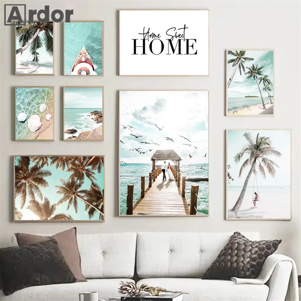

Sea Birds Bridge Poster Beach Shell Wall Art Painting Swing Coconut Tree Canvas Print Landscape Nordic Wall Pictures Home Decor