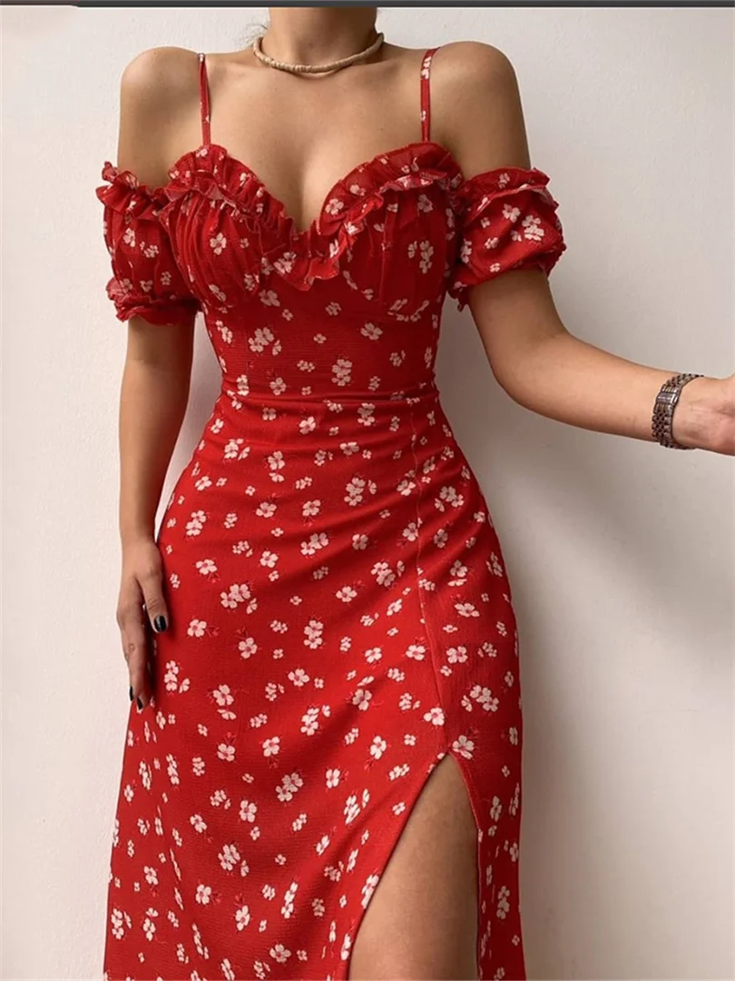 Summer Ladies Women Off Shoulder Frilly Suspender Floarl A-Line Dress Party Short Sleeve V-neck Split Mid-length Dress
Summer Ladies Women Off Shoulder Frilly Suspender Floarl A-Line Dress Party Short Sleeve V-neck Split Mid-length Dress