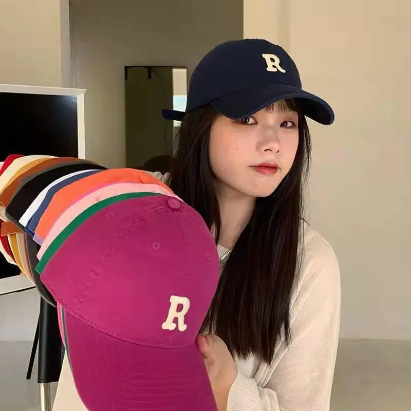 

Pure color R embroidery 2022 new baseball cap female han edition contracted web celebrity fashion soft top cap
