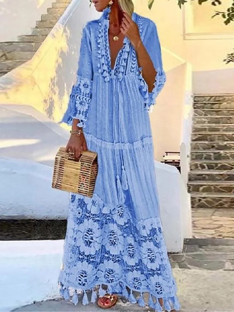 

Женское повседневное длинное платье в богемном стиле, свободное кружевное Макси-платье с глубоким V-образным вырезом и бахромой, уличная одежда в стиле пэчворк, однотонное платье на весну и осень