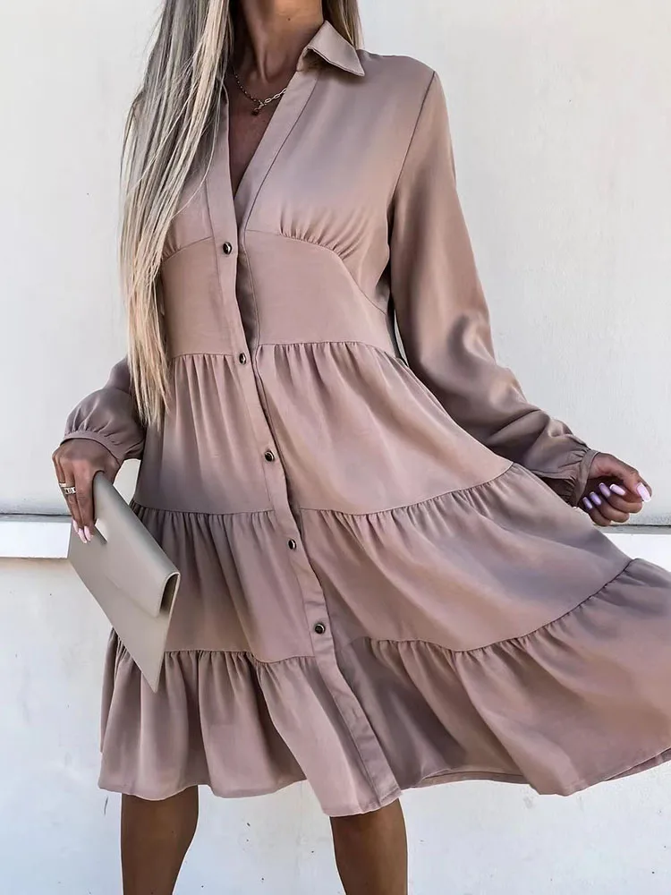 Fall Fashion Lapel Pleated Ruffle Female Mini Dress Women Elegant Solid Long Sleeve Button Party Dress Casual Loose Shirt Dress
Fall Fashion Lapel Pleated Ruffle Female Mini Dress Women Elegant Solid Long Sleeve Button Party Dress Casual Loose Shirt Dress
