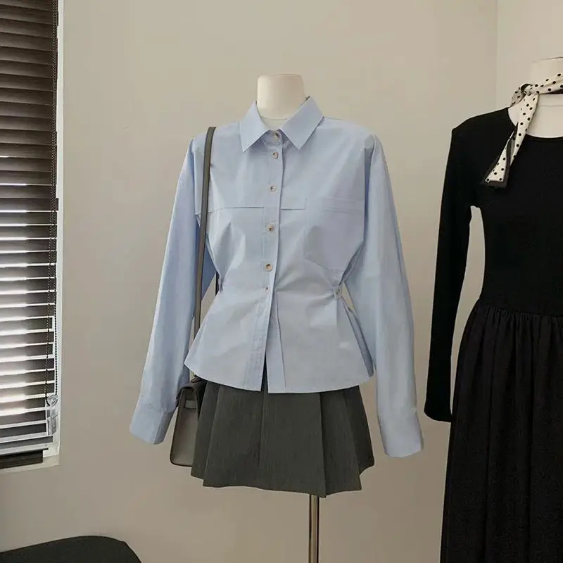 Slim Waist Folds Shirts Solid Blue Women Turn Down Collar Pocket Chic Long Sleeve Blouse Spring Camisas Bottoming Blazers Shirt
Slim Waist Folds Shirts Solid Blue Women Turn Down Collar Pocket Chic Long Sleeve Blouse Spring Camisas Bottoming Blazers Shirt